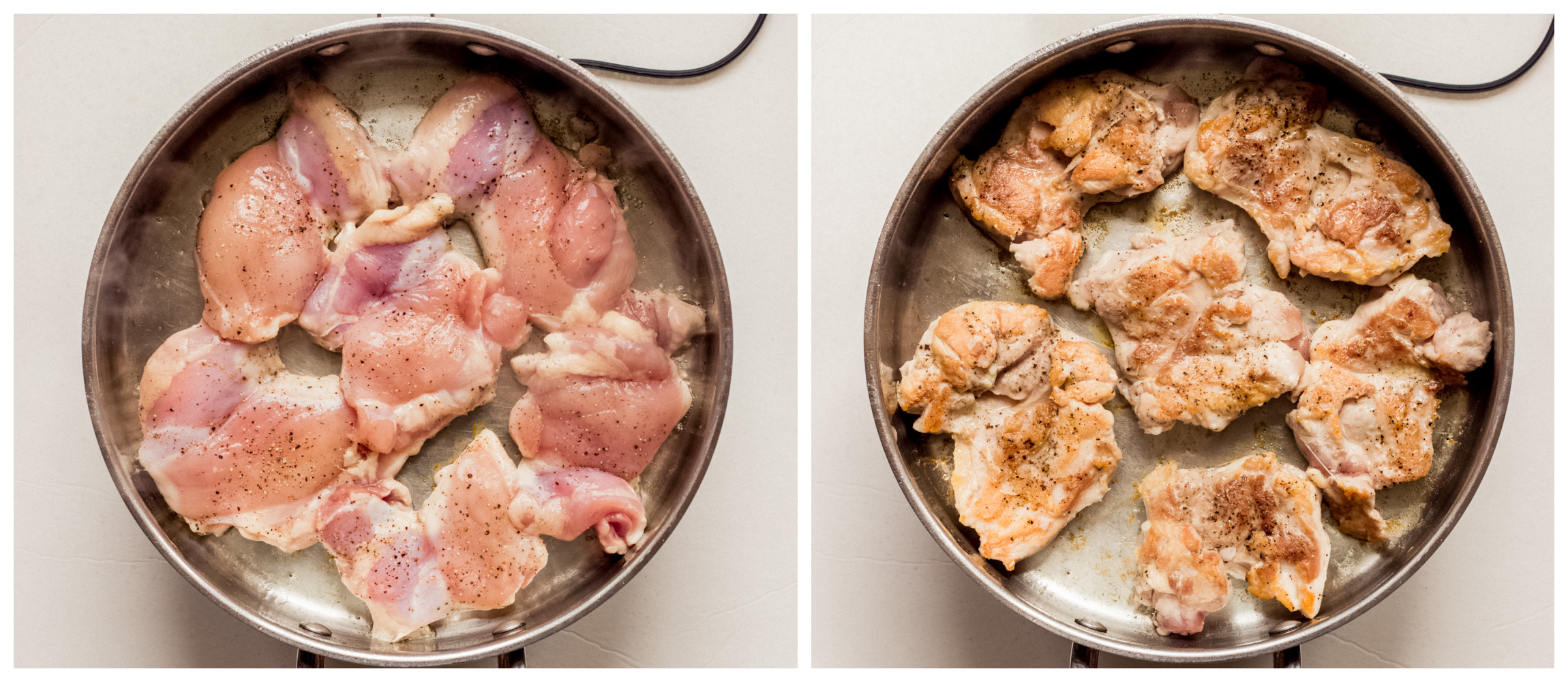 two skillet photos showing raw chicken thighs in one, and seared chicken thighs in second.