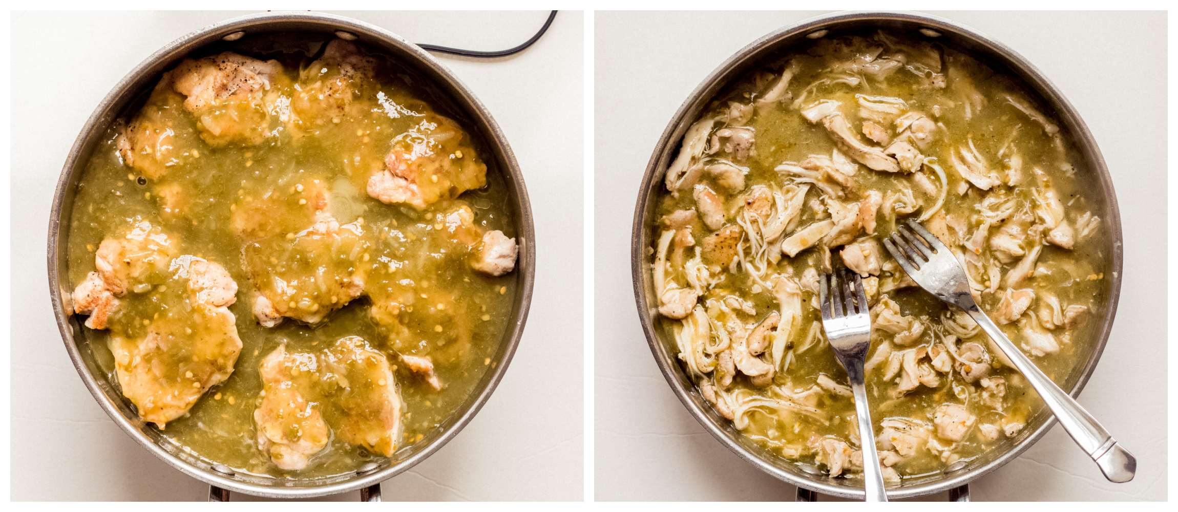 two skillet photos showing chicken thighs in salsa verde in one, and shredded chicken in sauce in second.