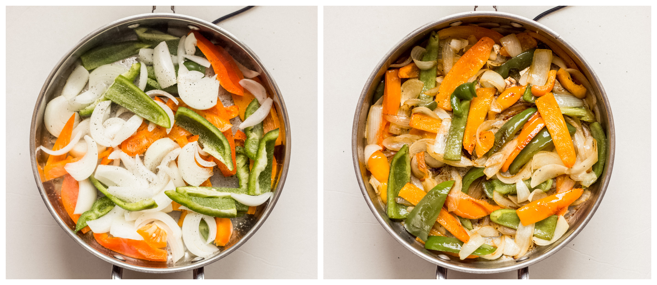 two skillet photos showing raw peppers and onion in one, and cooked peppers and onions in second.