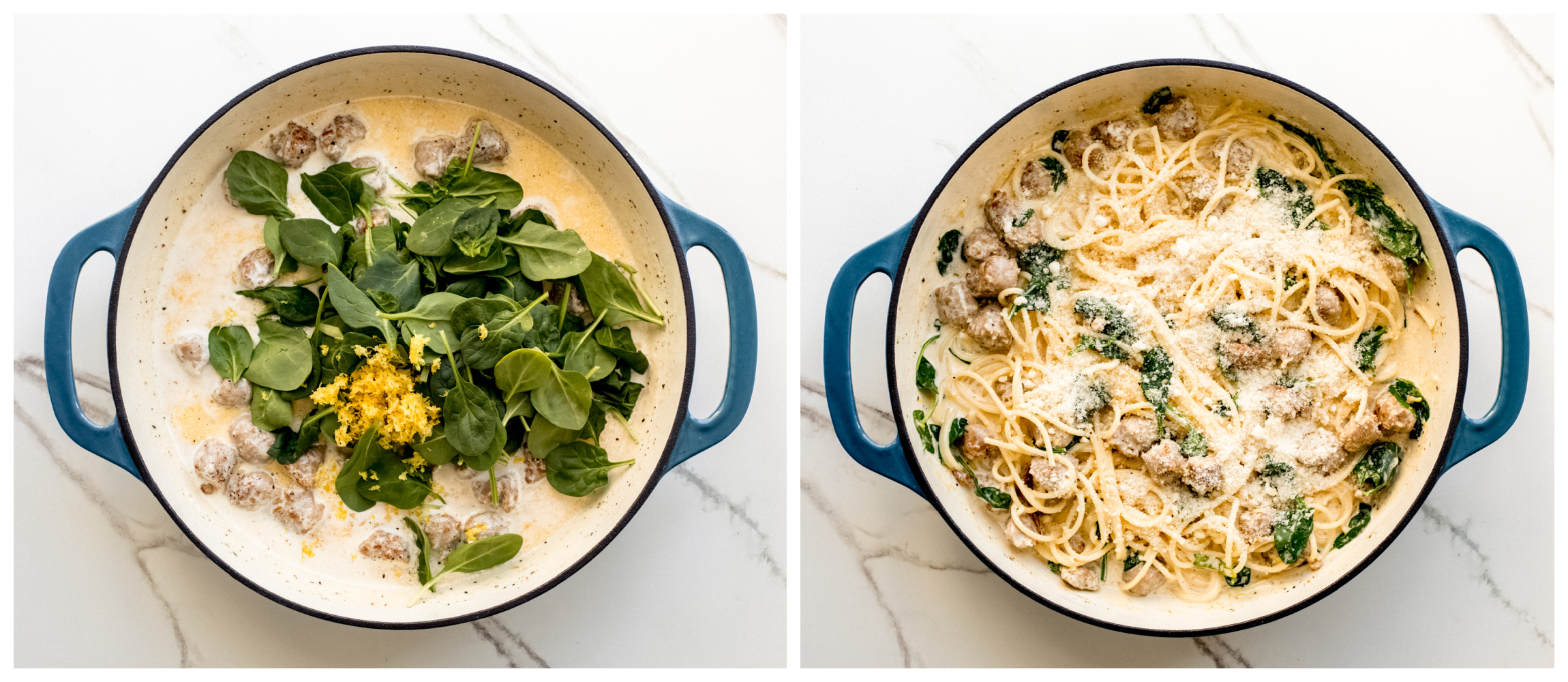 spaghetti with lemon cream sauce and sausage in a pan