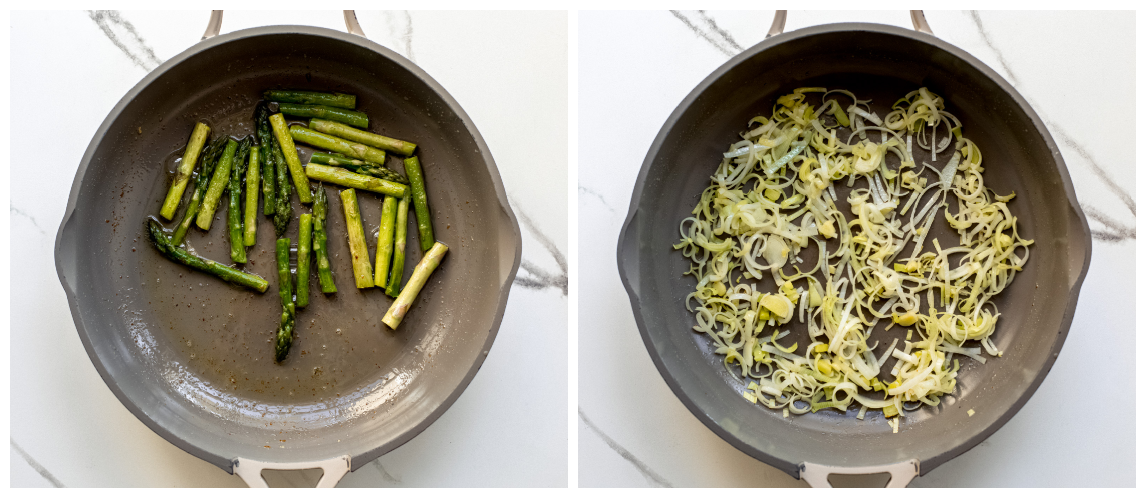 cooked asparagus and leeks in a skillet