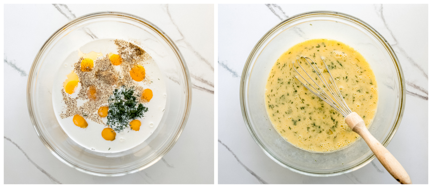 whisked eggs in a bowl with dill and cream