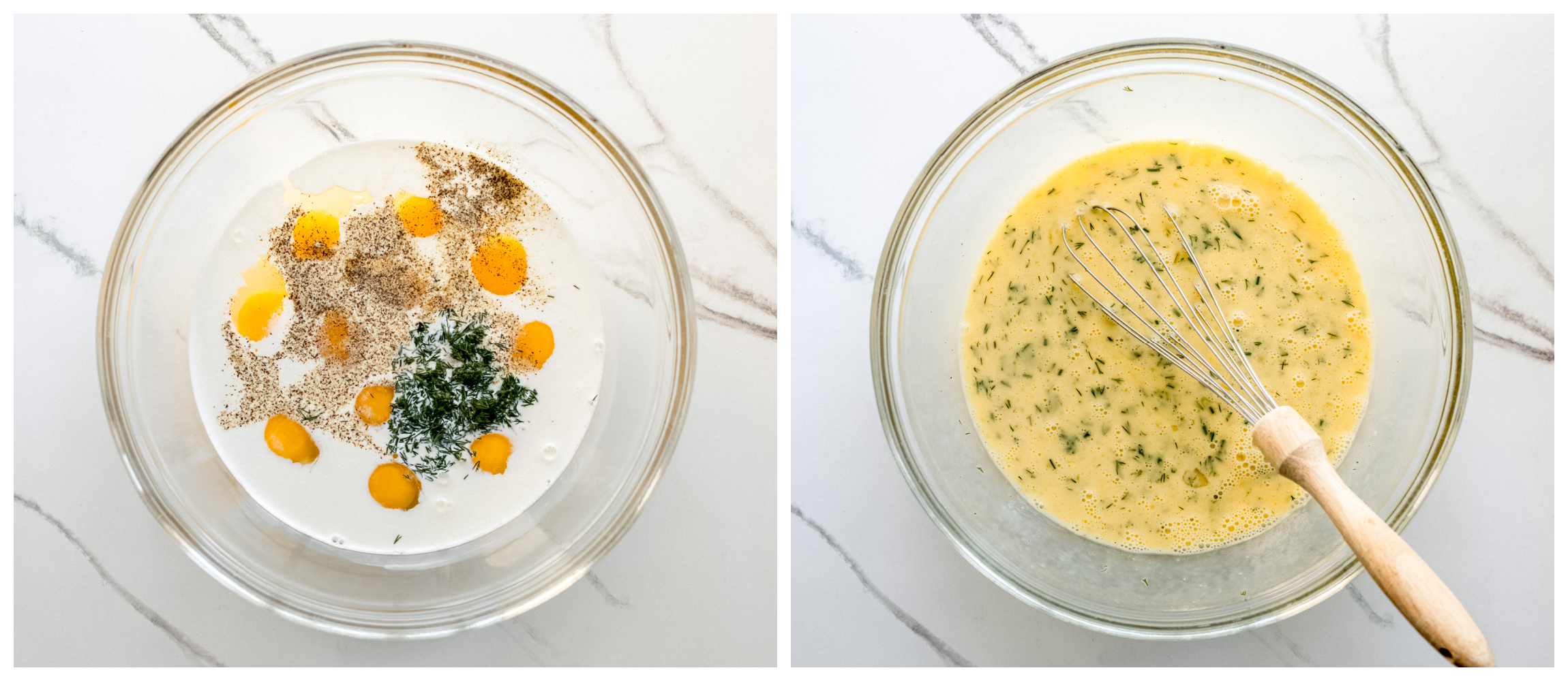 whisked eggs in a bowl with dill and cream