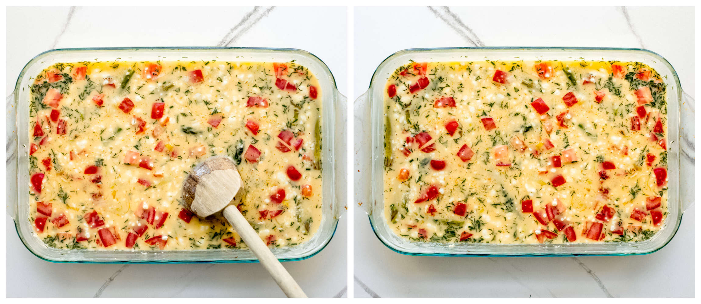 raw egg mixture with vegetables in a baking dish