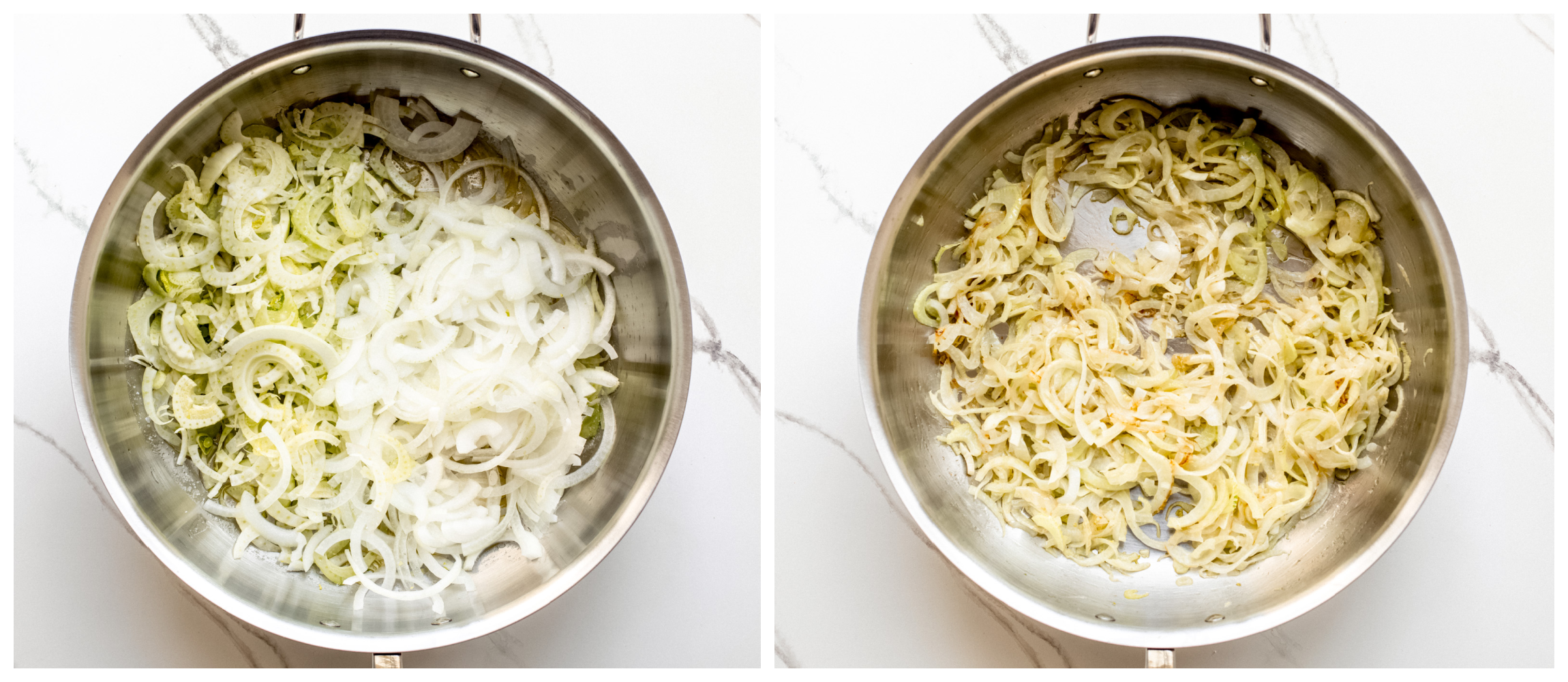 sliced onion and fennel in a saute pan