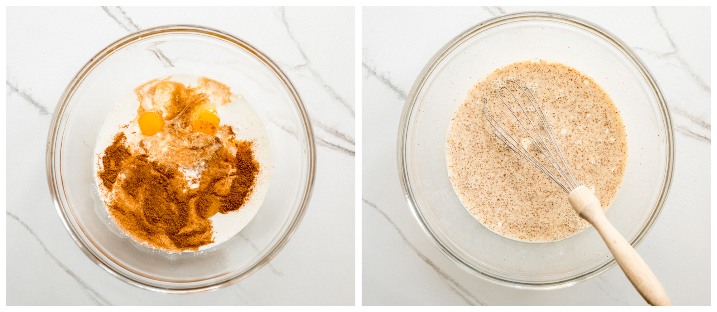 two bowl photos showing egg and milk custard in one and whisked egg and milk mixture in the second.