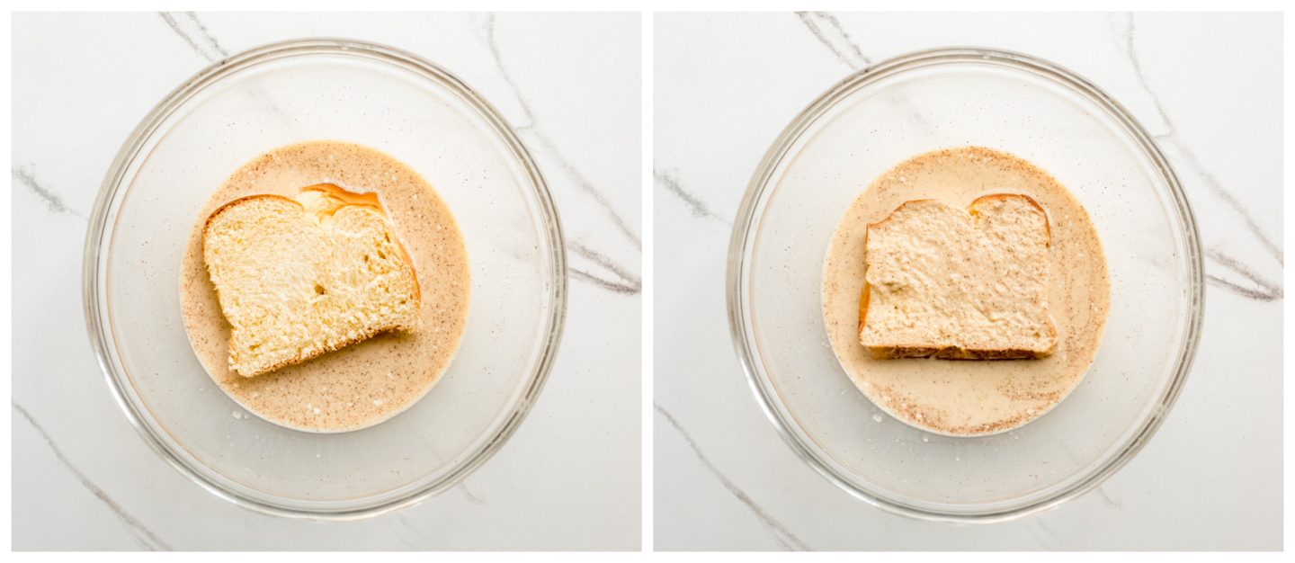 two bowl photos showing one side of brioche bread dipped in egg and milk mixture in one, and the entire bread soaked in the second.