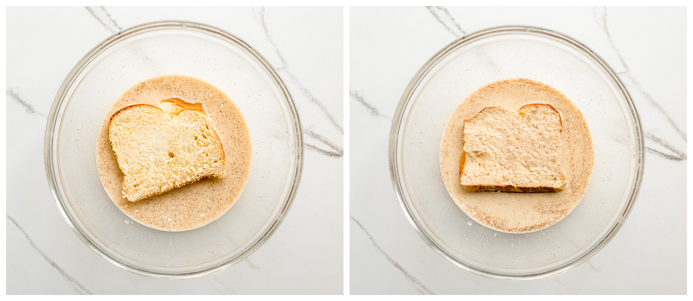 two bowl photos showing one side of brioche bread dipped in egg and milk mixture in one, and the entire bread soaked in the second.