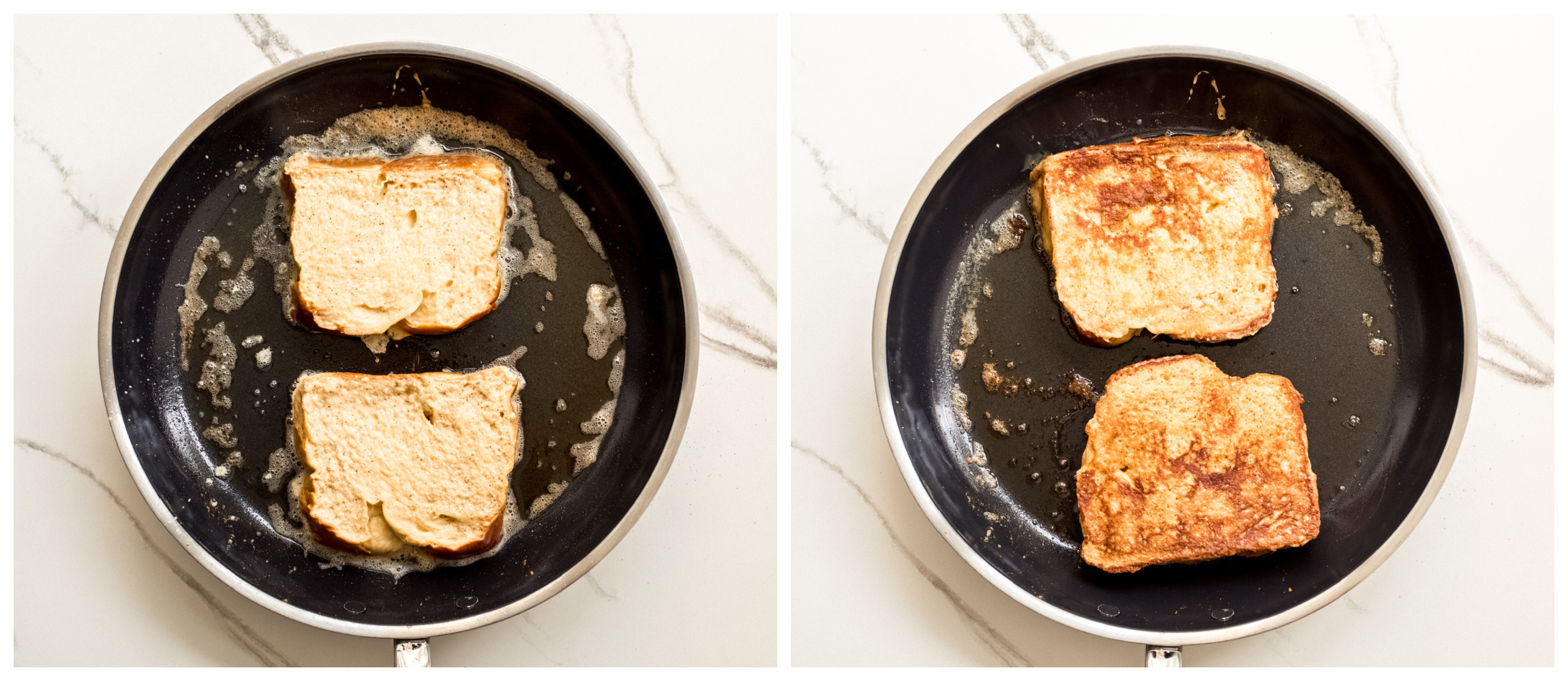 two skillet photos showing uncooked french toast in a skillet, and browned french toast in the second.