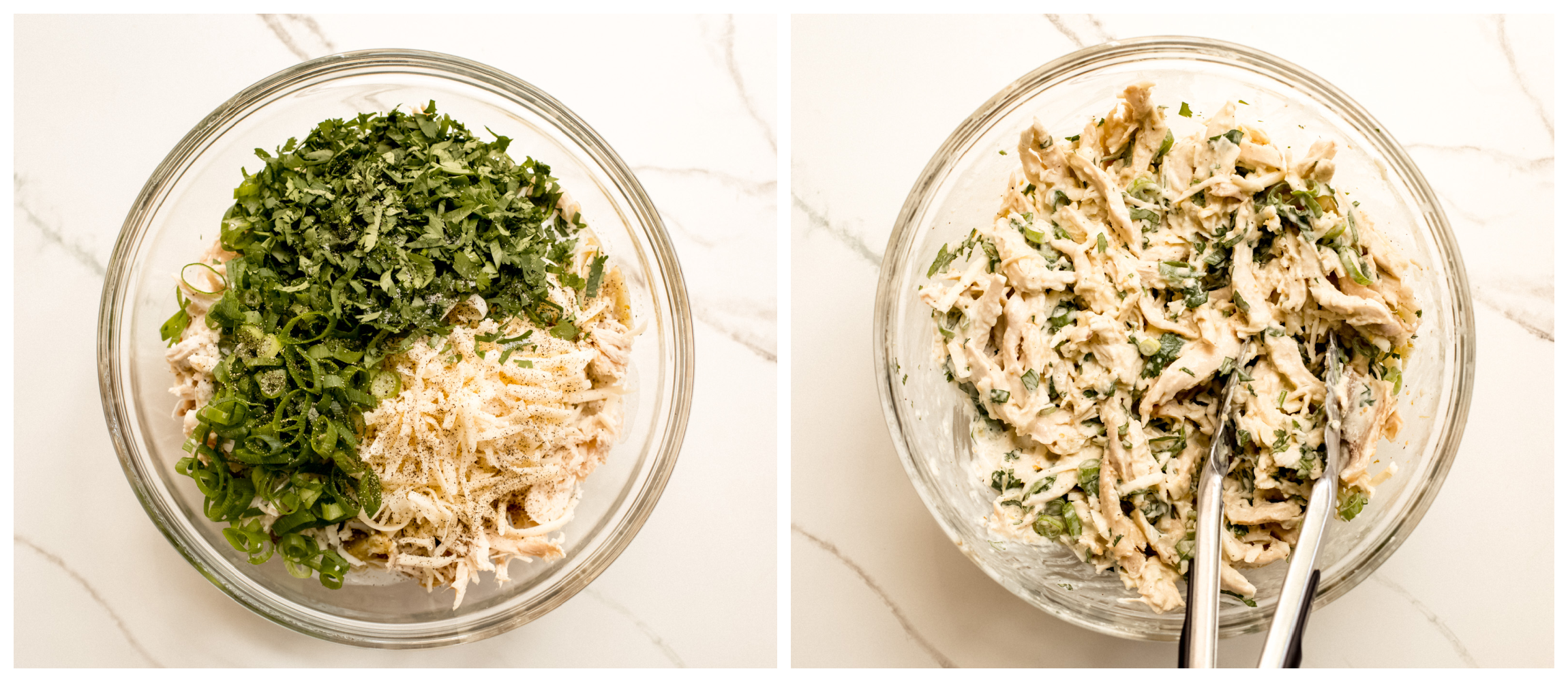 two bowl recipes showing shredded chicken with fresh cilantro in one and enchiladas chicken filling in second.
