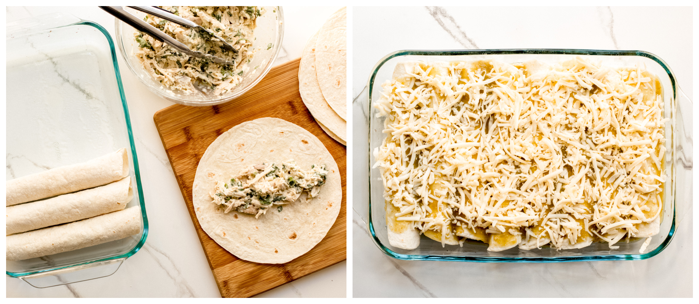 two photos, showing tortillas with chicken filling on a wooden cutting boards in one, and rolled up enchiladas with sprinkled cheese in baking dish in second.