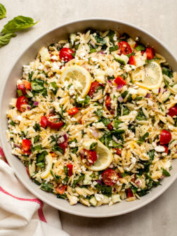 lemon orzo salad in a bowl