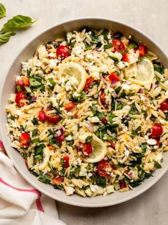 lemon orzo salad in a bowl