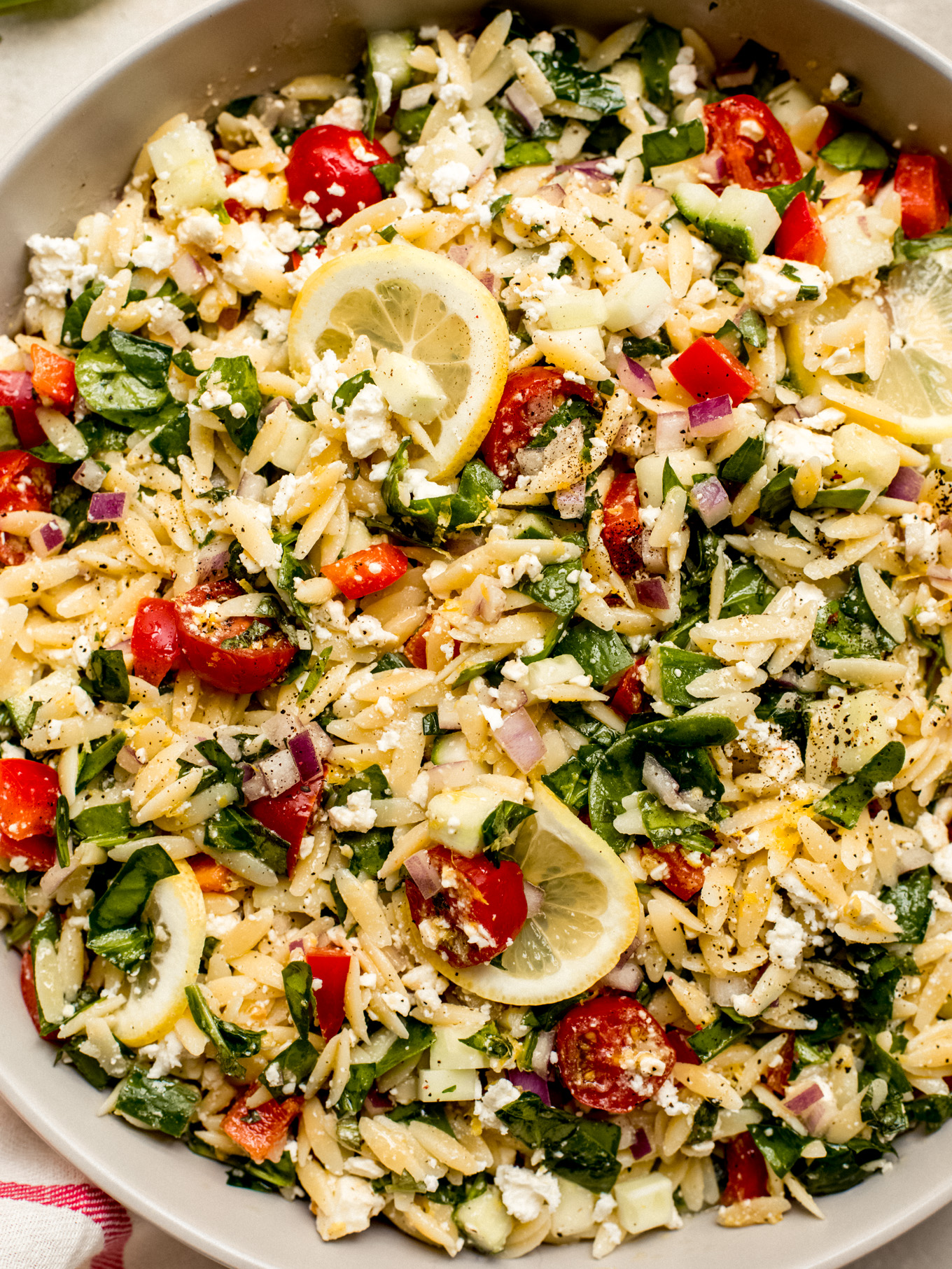 close up orzo lemon pasta salad 