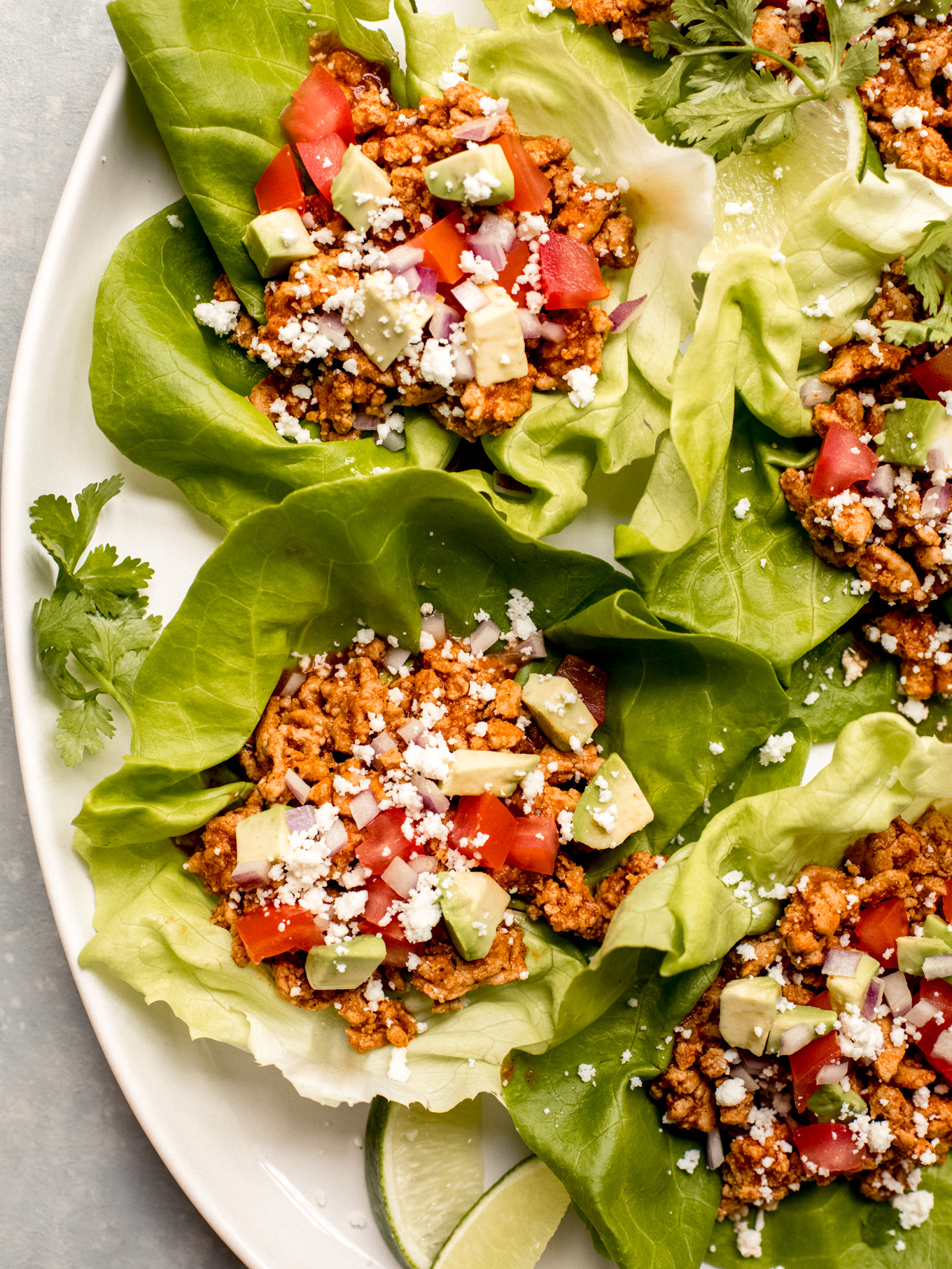 turkey lettuce wrap tacos on a platter
