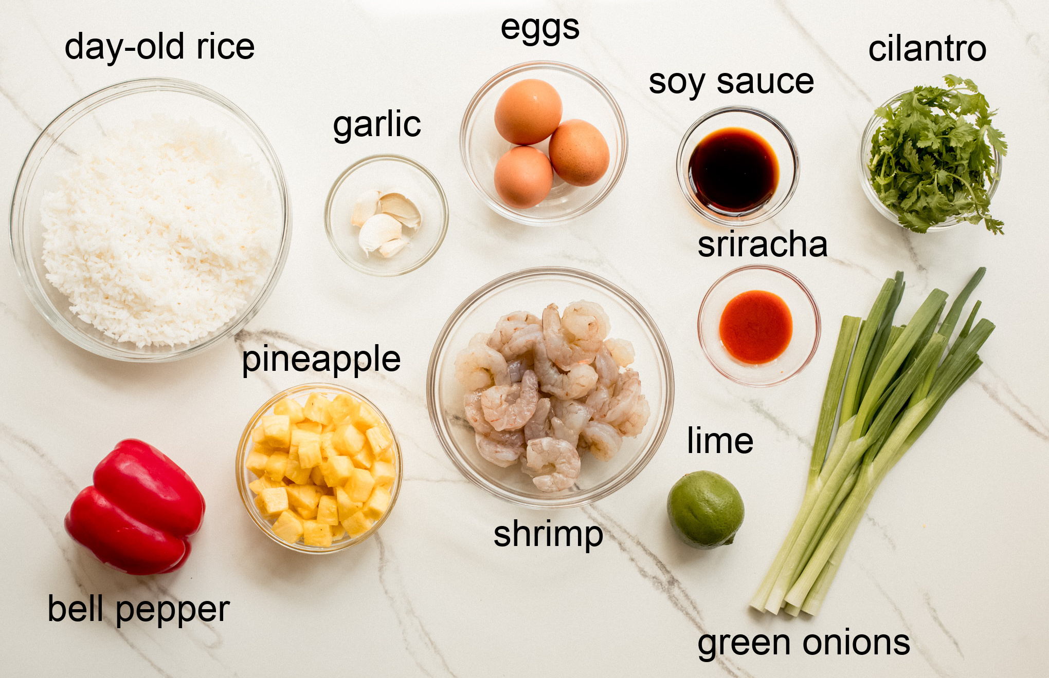 overhead image of ingredients for shrimp and pineapple fried rice.