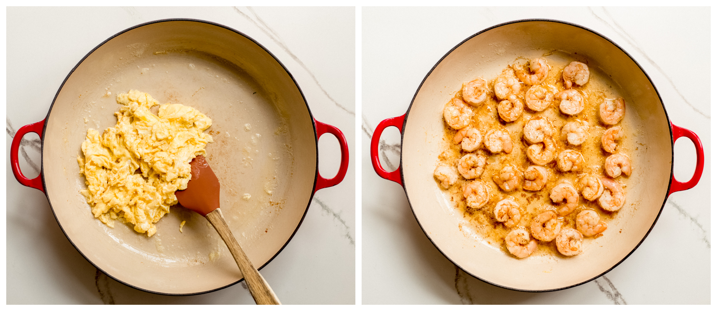 two saucepan photos showing scrambled eggs in one, and sauteed shrimp in the second.