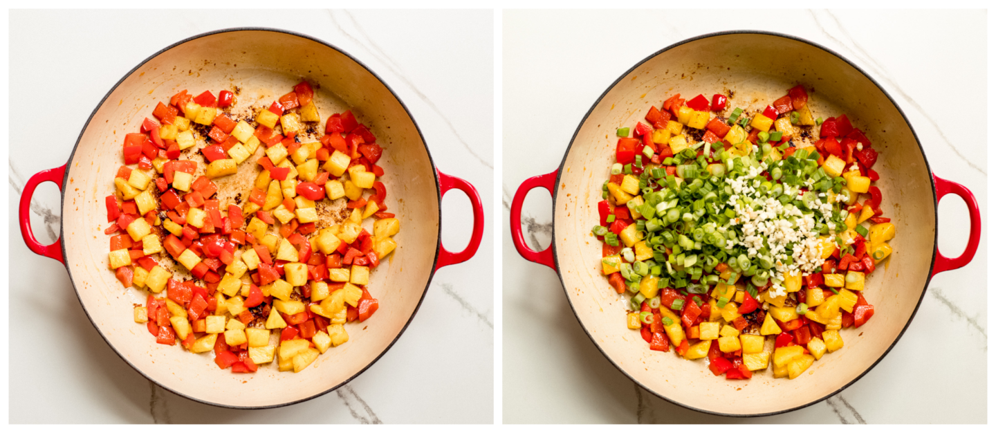 two saucepan photos showing cooked vegetables in one, and vegetables with green herbs in second.