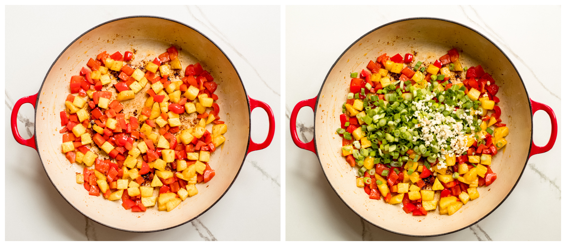 two saucepan photos showing cooked vegetables in one, and vegetables with green herbs in second.