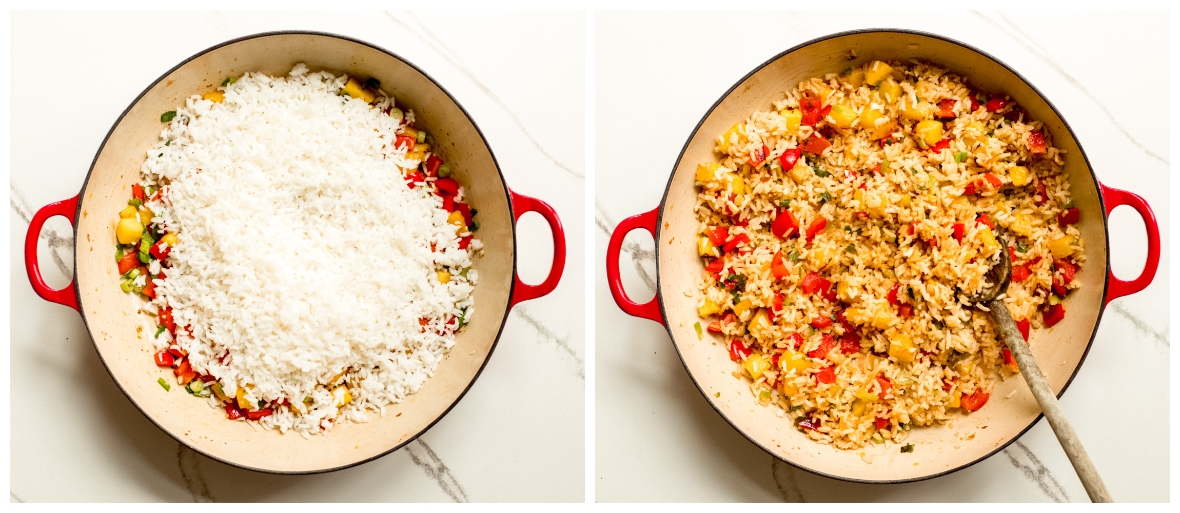 two saucepan photos showing white rice on top of vegetables in one, and rice mixed into vegetables in the second.
