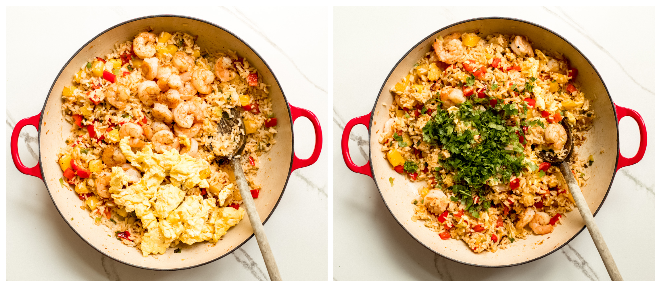 two saucepan photos showing shrimp and scrambled eggs in one, and shrimp and scrambled eggs with herbs mixed into rice in second.