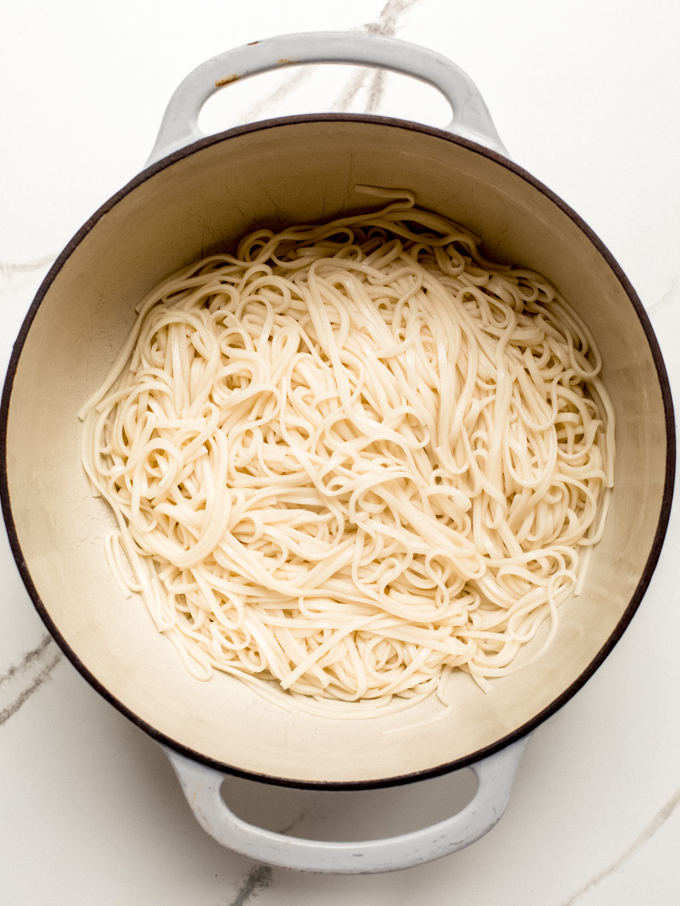 drained pasta in a pot.