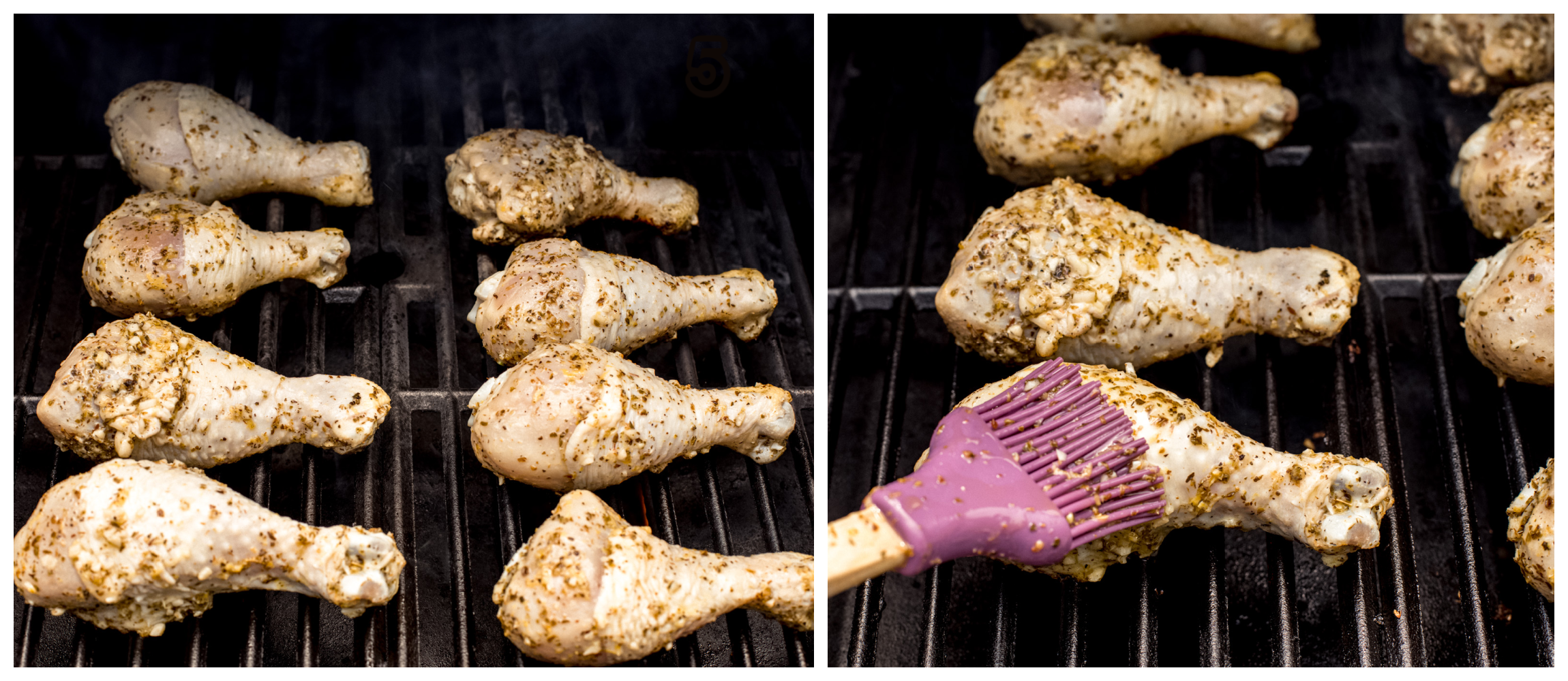 two photos showing chicken legs on a grill in one, and chicken legs being brushed with marinade in second.
