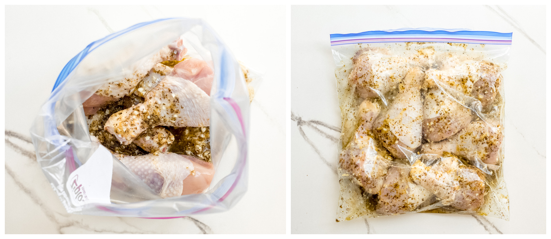 two photos showing chicken legs in ziploc bag in one, and chicken legs with marinade in second.