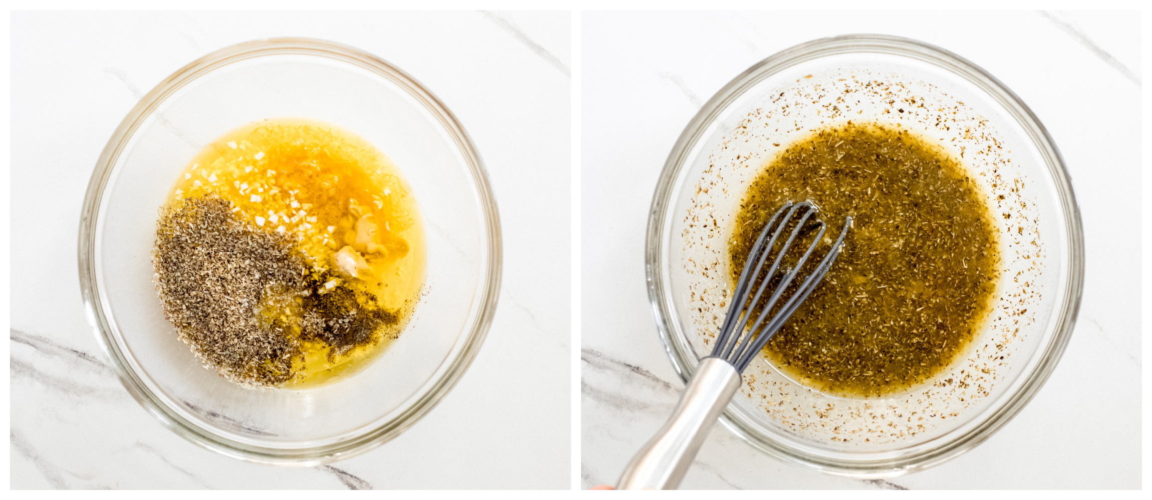 two glass bowl photos showing ingredients for marinade in one, and whisked ingredients in second.