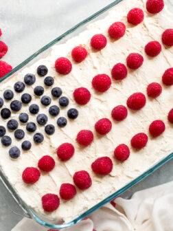 icebox cake in a glass dish decorated as American flag.
