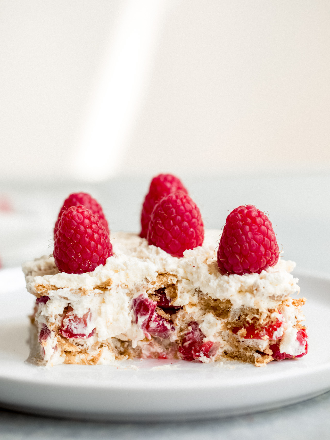 slice of cake with graham crackers, cream, and fruit.