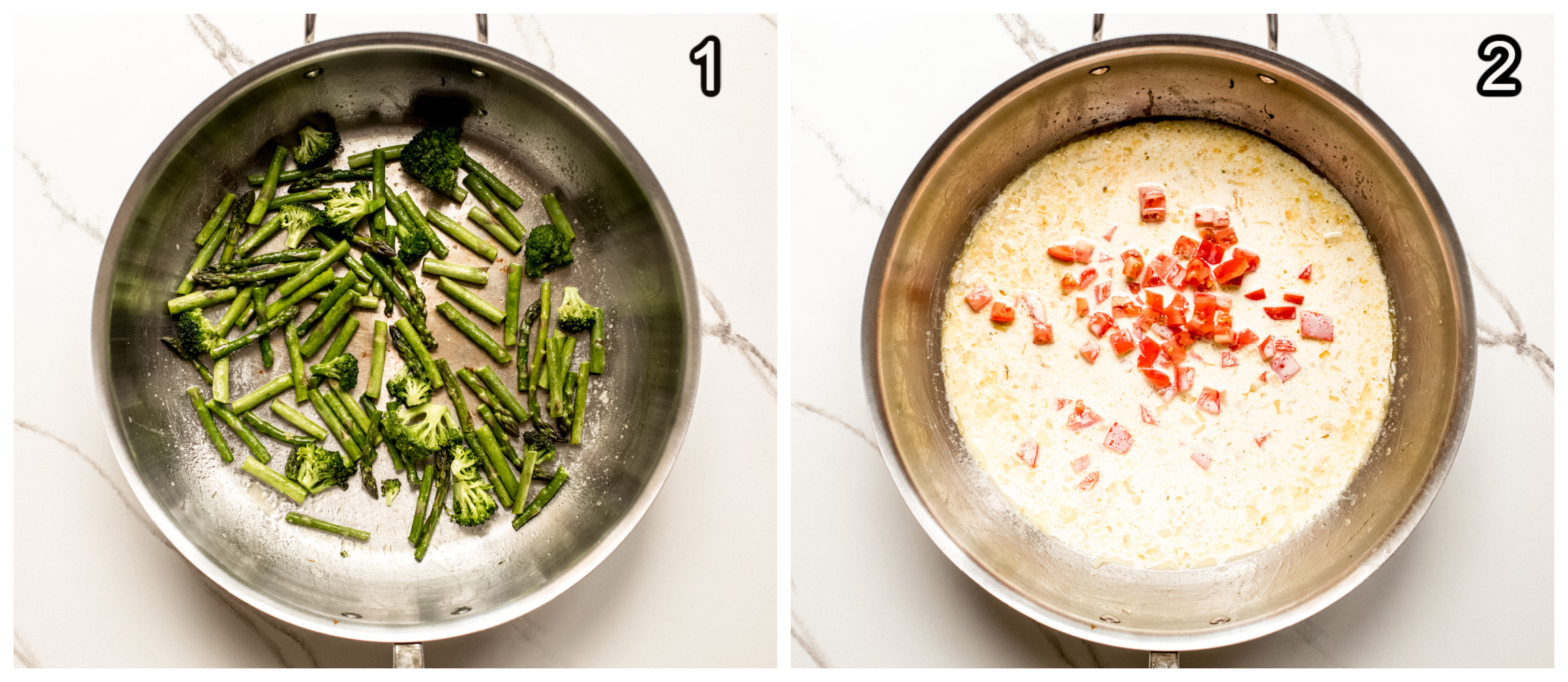 two skillet photos showing cooked vegetables in one, and cream and tomatoes in second.