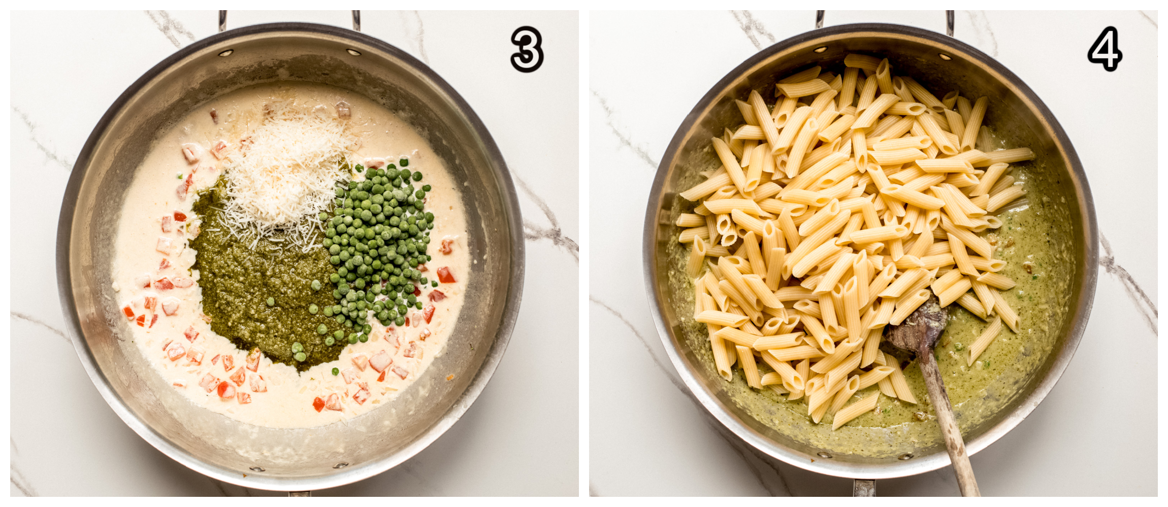 two skillet photos showing pesto with peas and cream in one, and sauce with penne pasta in second.