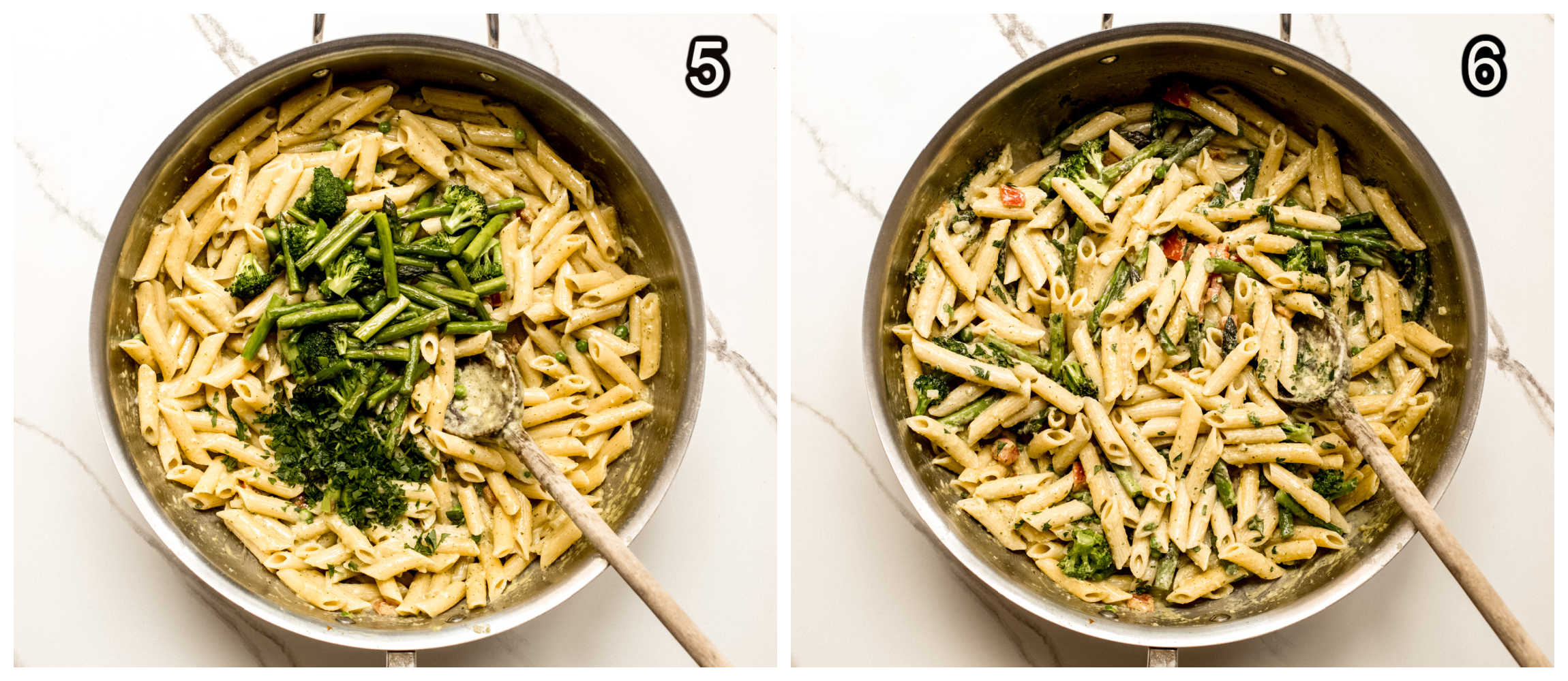 two skillet photos showing cooked penne pasta with vegetables on top in one, and tossed pasta with vegetables in second.