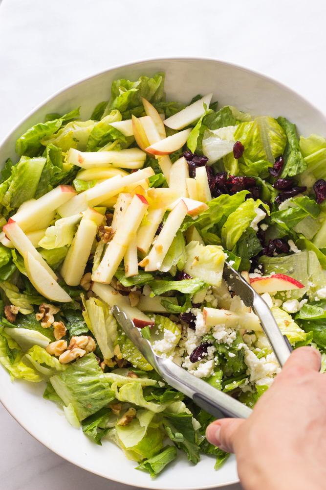 apple walnut cranberry salad being tossed with a pair with tongs.