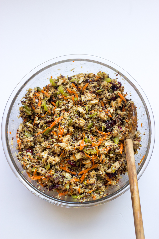 mixed warm quinoa salad in a bowl.