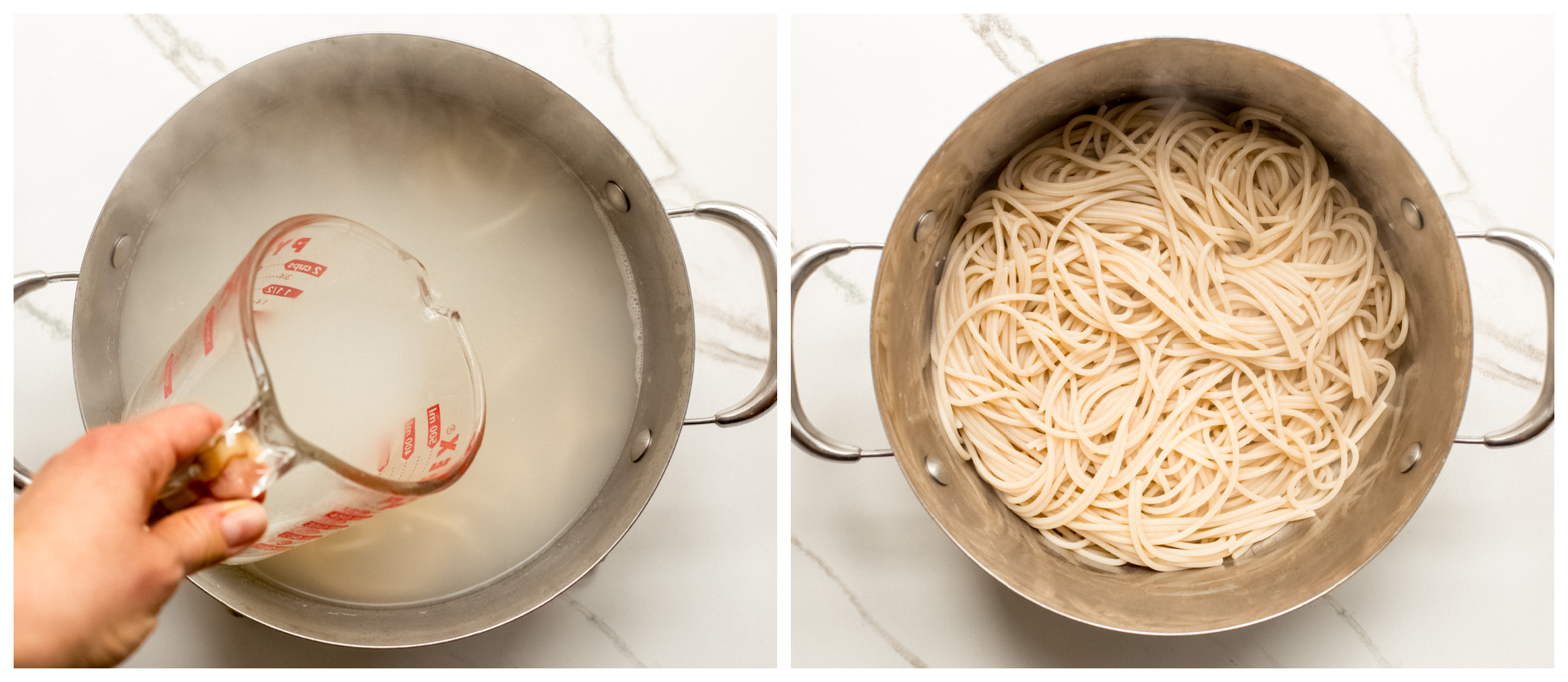 two cooking pot images showing spaghetti in water in one, and drained spaghetti in second.