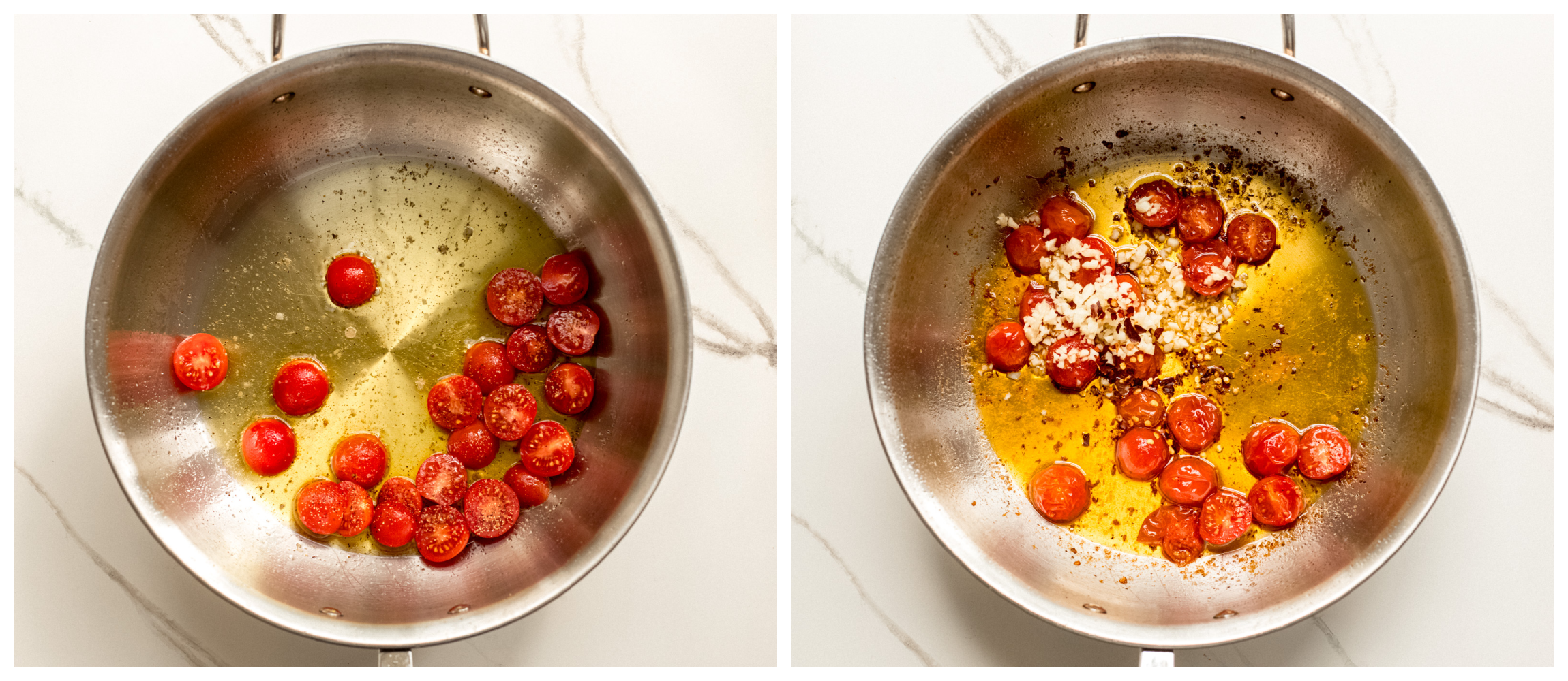 two saucepan photos showing grape tomatoes in one, and cooked tomatoes with garlic in second.