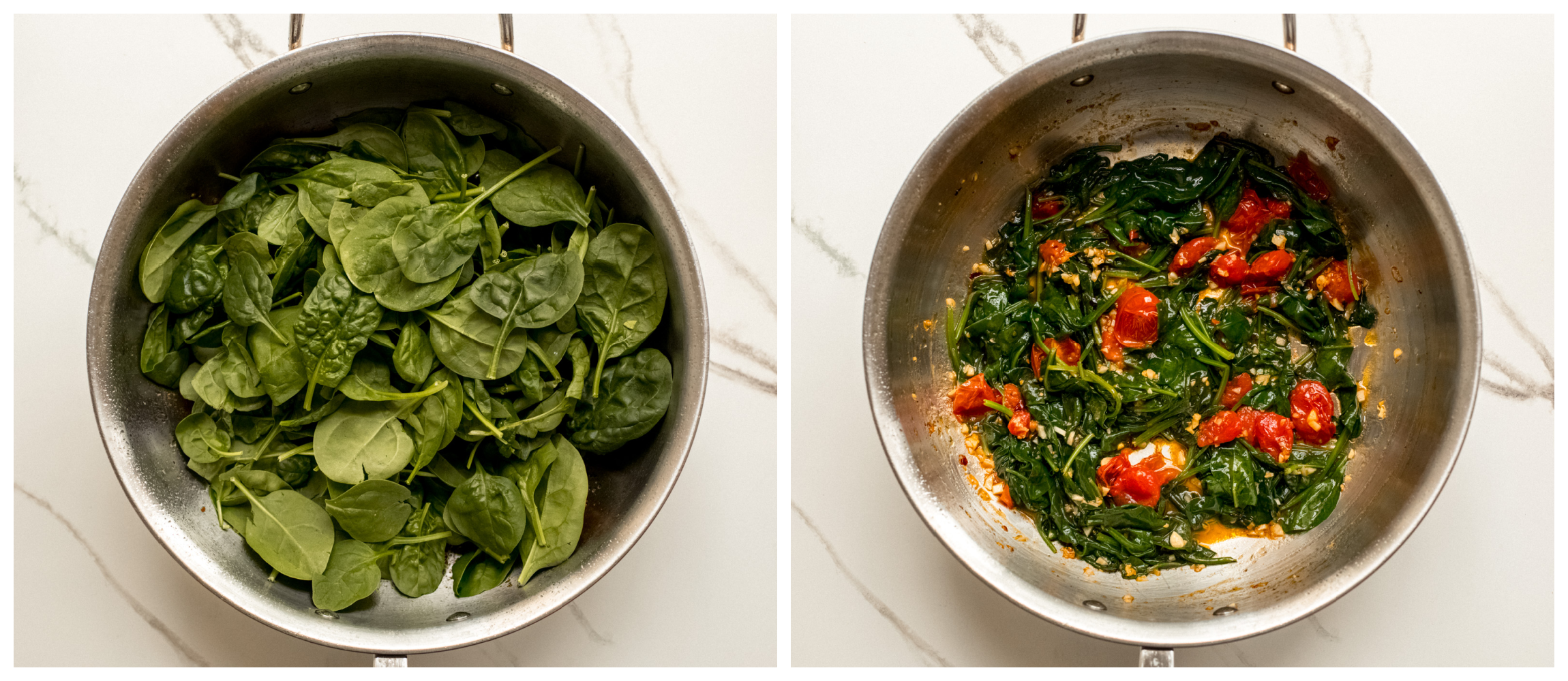 two pan photos showing baby spinach in one, and cooked baby spinach with tomatoes in second.