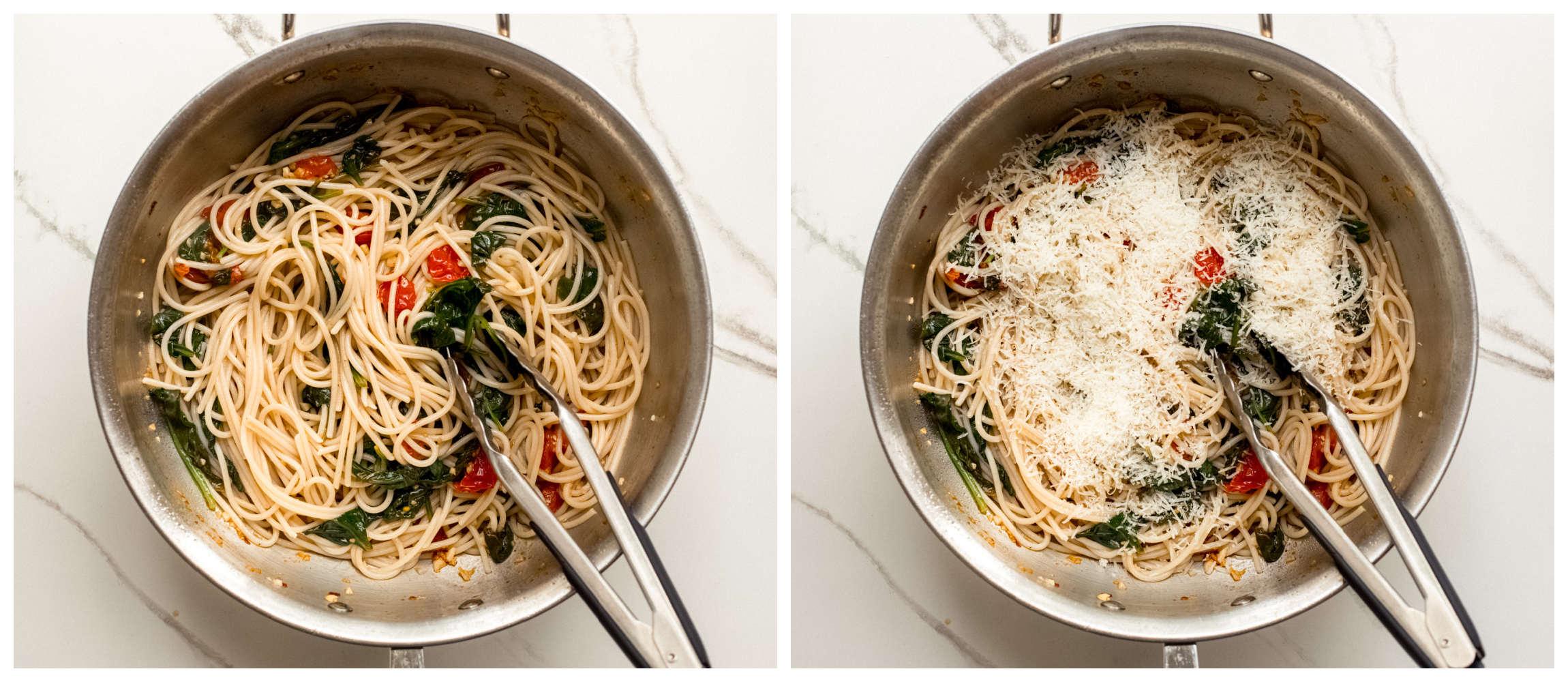 two saute pan photos showing spaghetti with sauce in one, and parmesan cheese over spaghetti and sauce in second.