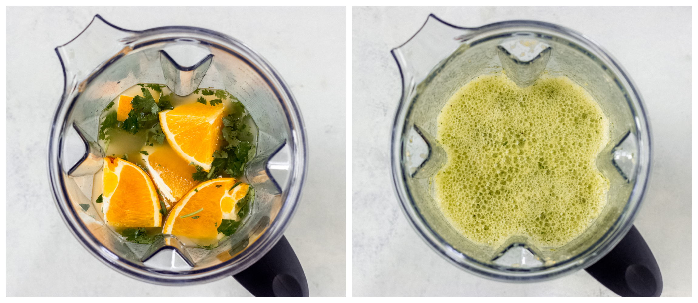 two blender photos showing cut up oranges and greens in one, and pureed ingredients in second.