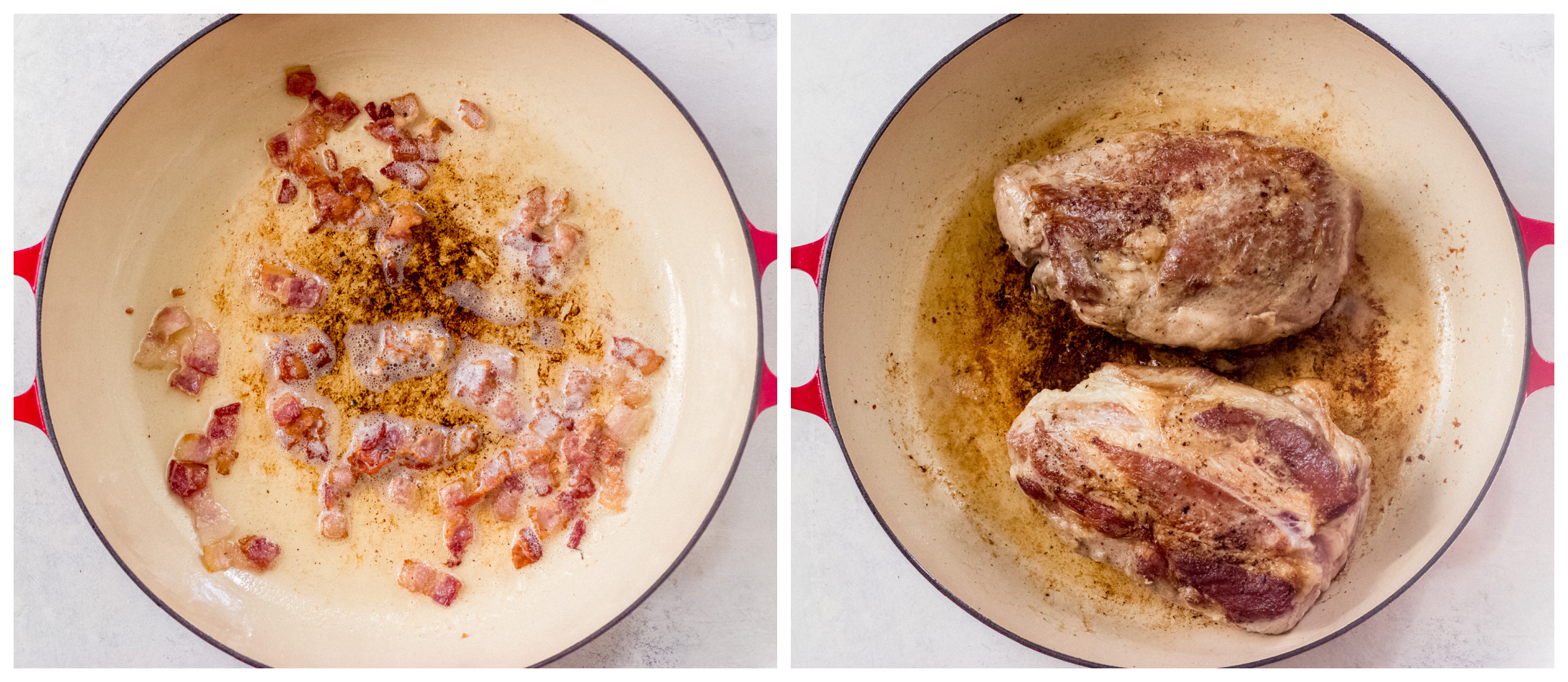 two skillet photos showing sauteed bacon in one, and seared pork in second.