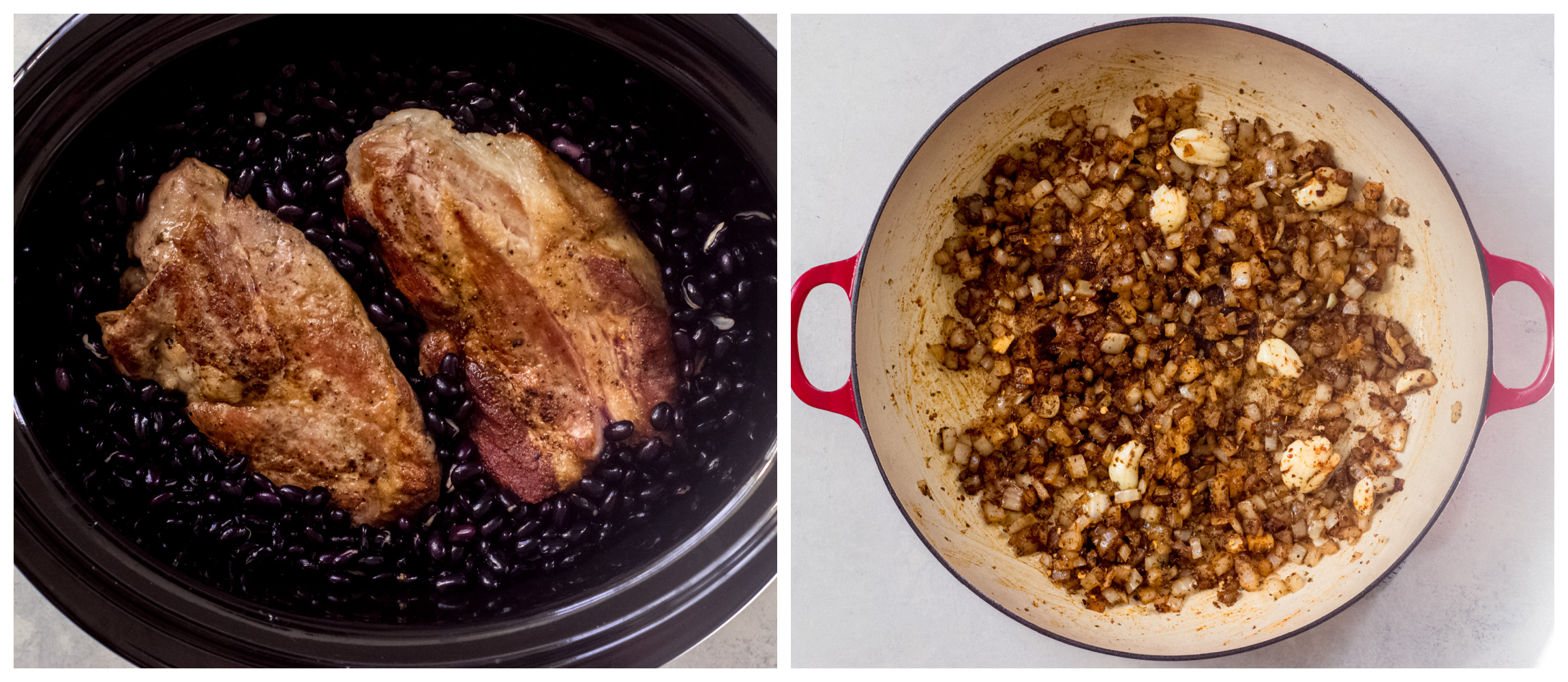 two photos showing seared pork and beans inside crockpot, and sauteed onions and garlic in skillet.