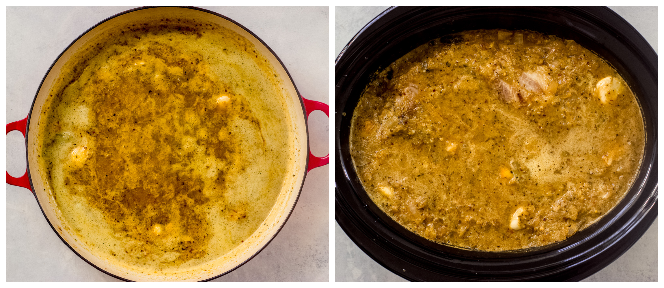 two photos showing cooked onions with liquid in one, and pork and beans inside the crockpot covered in onion liquid mixture in second.