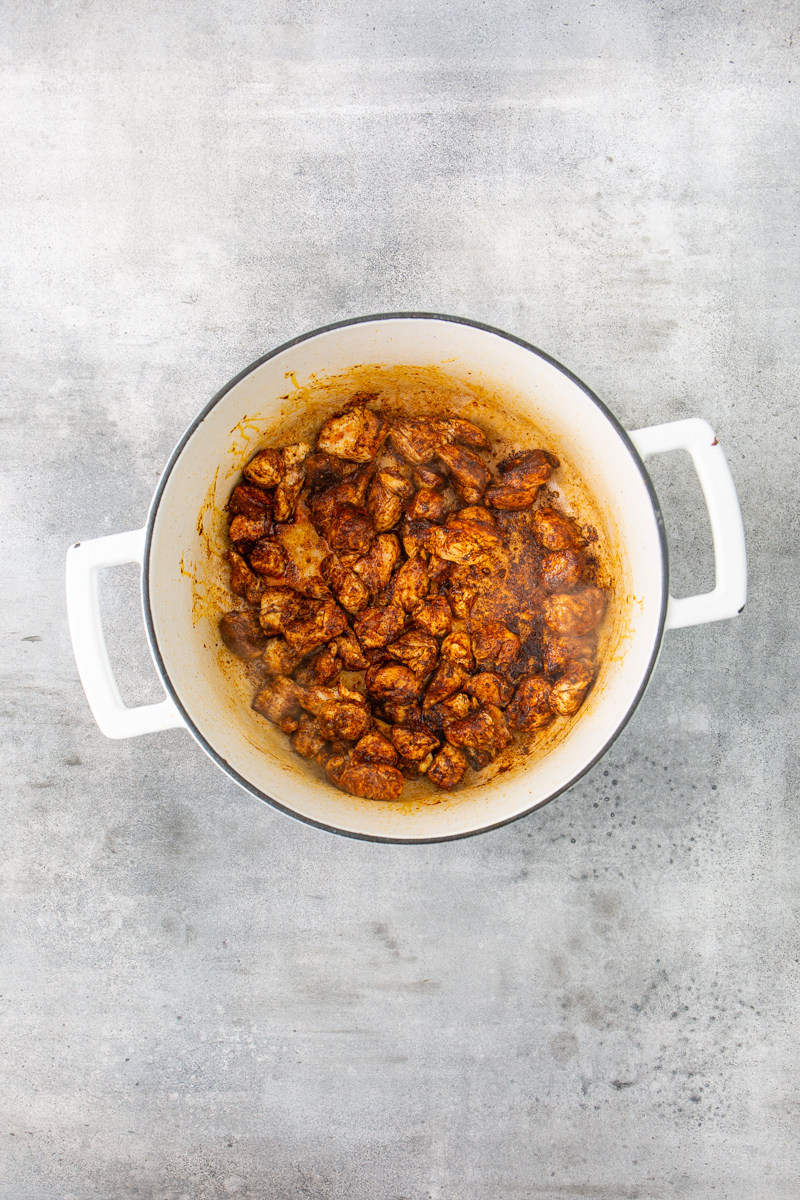 cooked chicken tenders in a dutch oven.