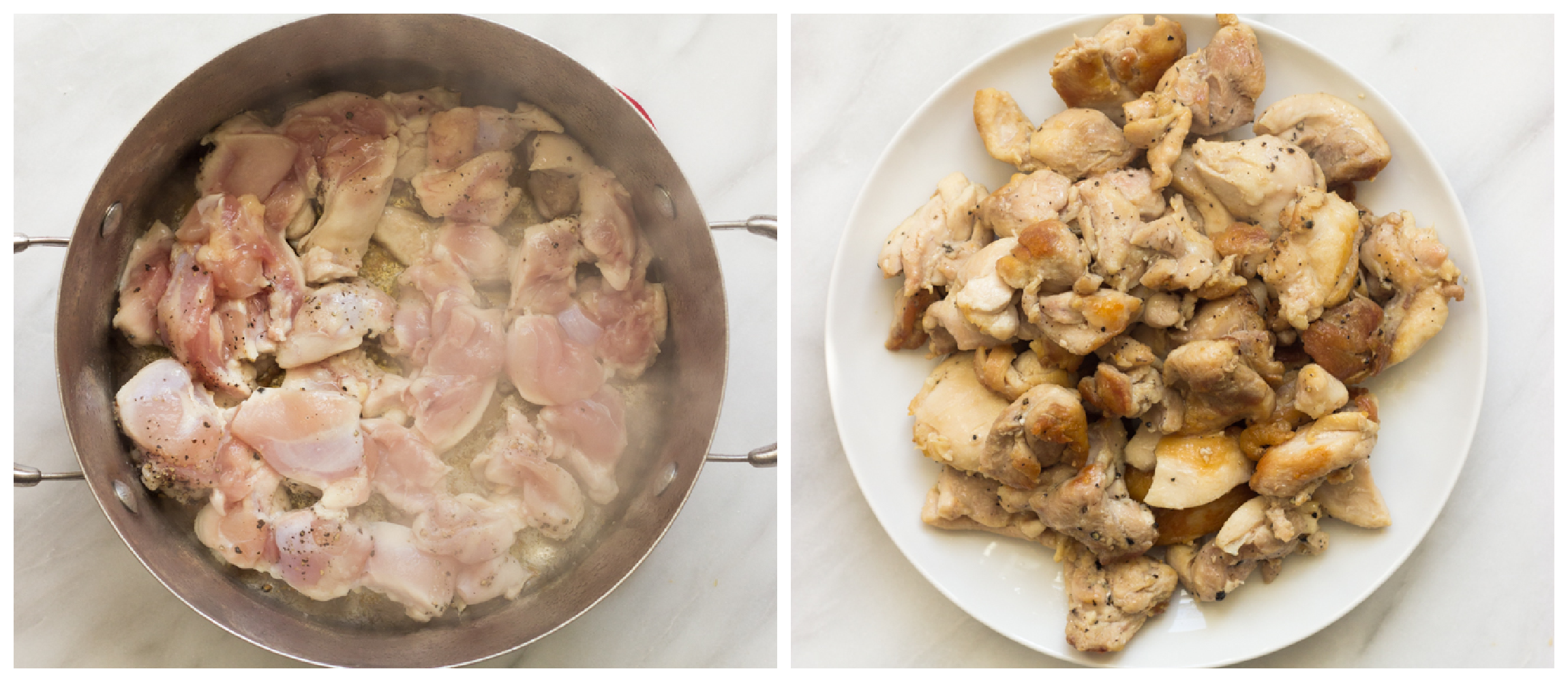 two photos, one showing raw chicken pieces in a dutch oven, and cooked chicken pieces on a plate in second.