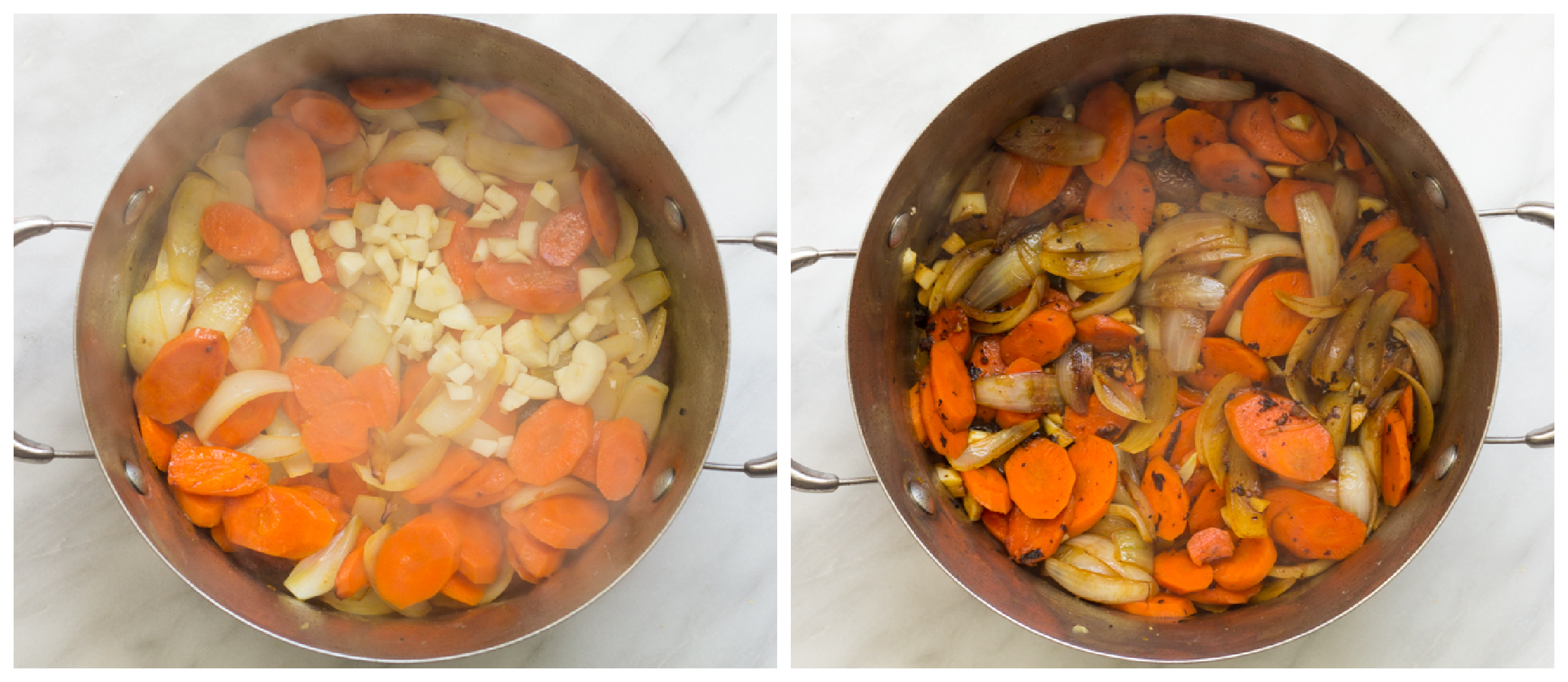 two dutch oven photos showing raw onions, carrots, and garlic in one, and cooked onion, carrots, and garlic in second.