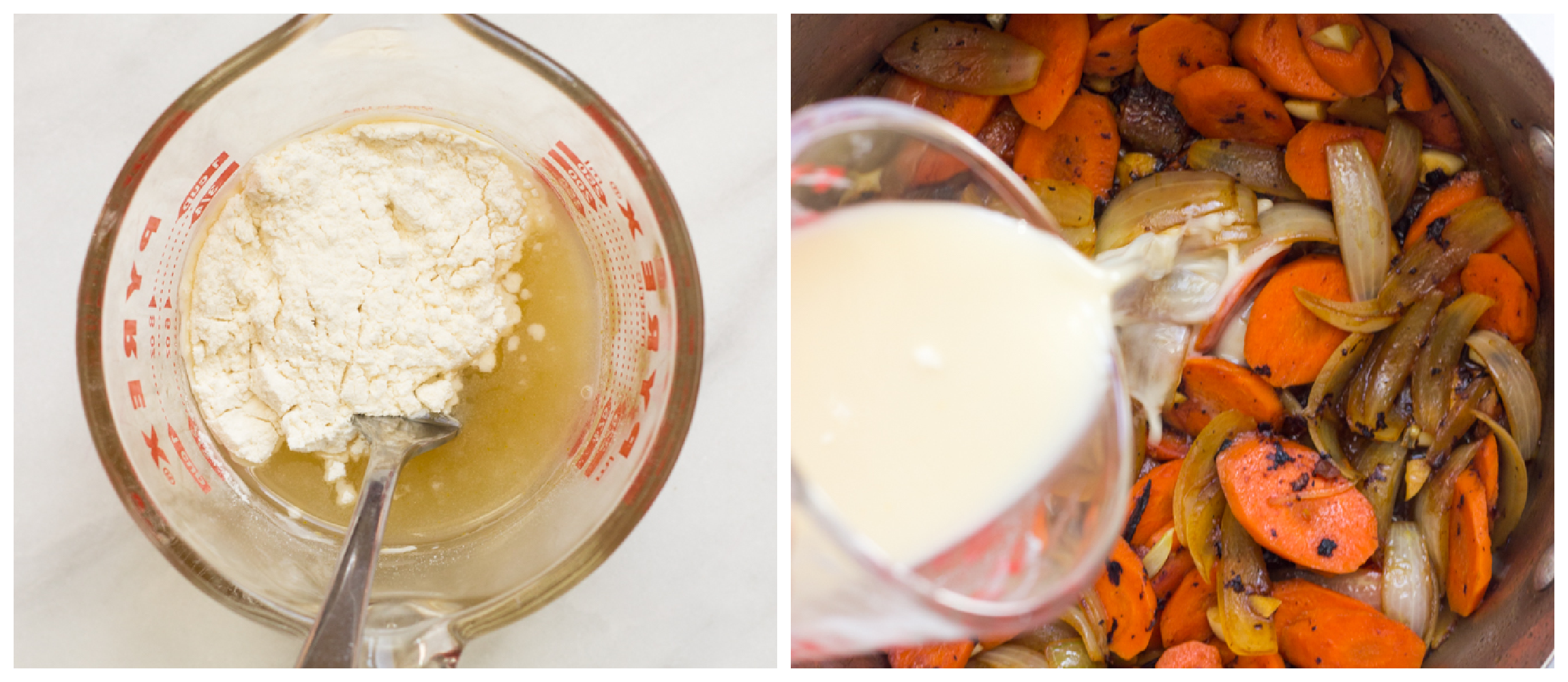 two photos, showing glass measuring cup with broth and flour in one, and cooked veggies with broth flour mixture in second.