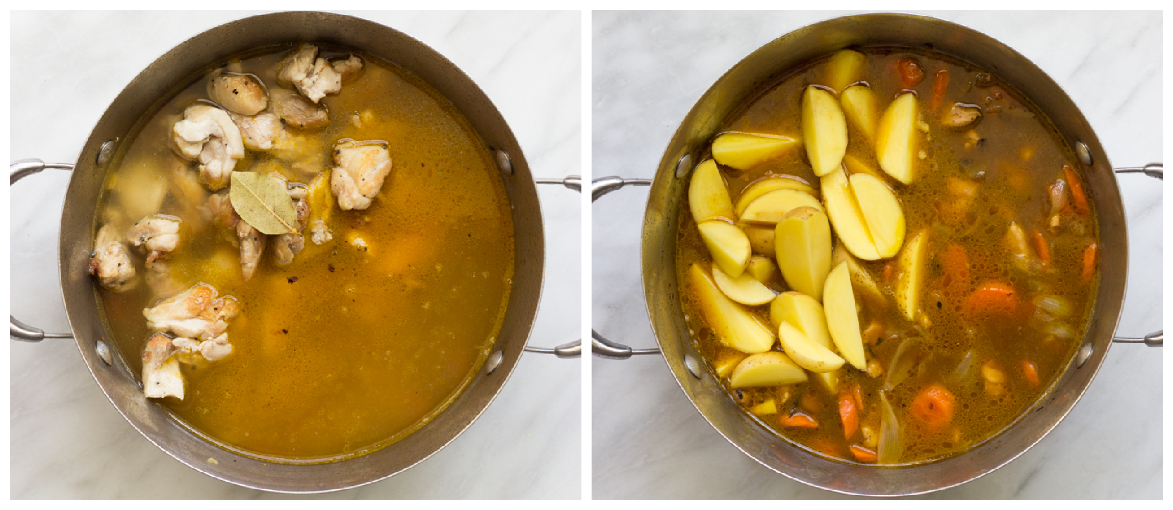 two dutch oven photos showing chicken and bay leaf in one, and potatoes with chicken in second.