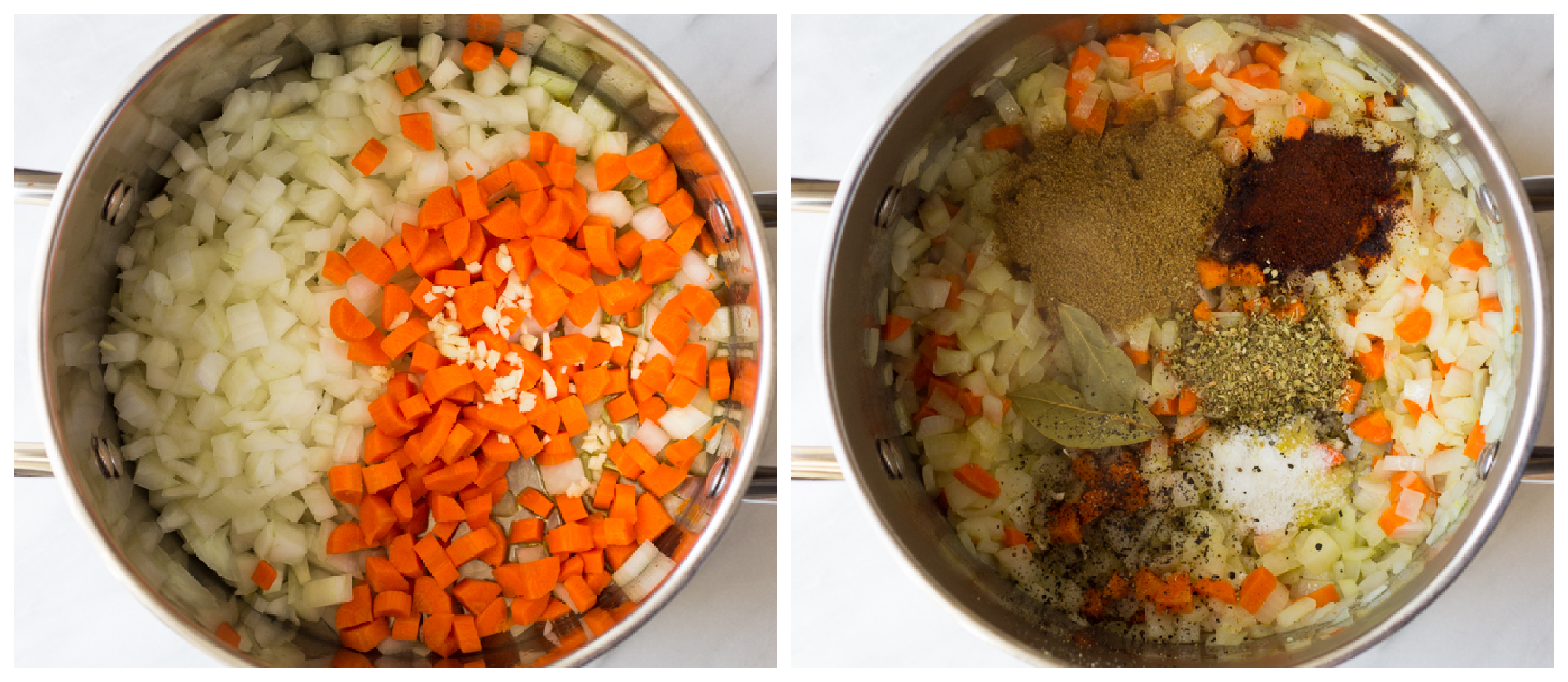 two soup pot photos showing cut up vegetables in one, and vegetables with spices in the second.